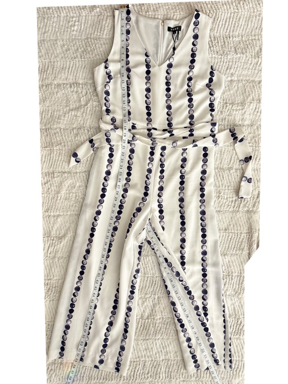 NWT DKNY White with Blue Printed Sleeveless Wide Leg Jumpsuit, Size 12 - Picture 6 of 9